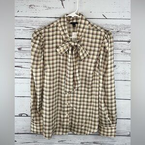Ann Taylor Plaid Tie Neck Blouse Size 10 Cream Brown Long Sleeve